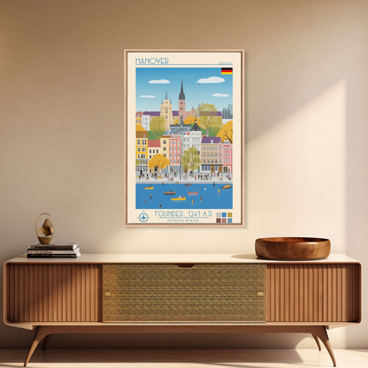 Hanover Germany Travel Poster Framed Canvas Print, Midcentury Modern Art, Pop Art Wall Decor, Scenic Wall Art, Living Room Decoration, Office Art