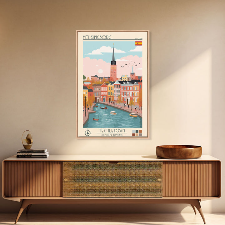Helsingborg Sweden Travel Poster Framed Canvas Print, Midcentury Modern Art, Pop Art Wall Decor, Scenic Wall Art, Bedroom Decoration, Office Art