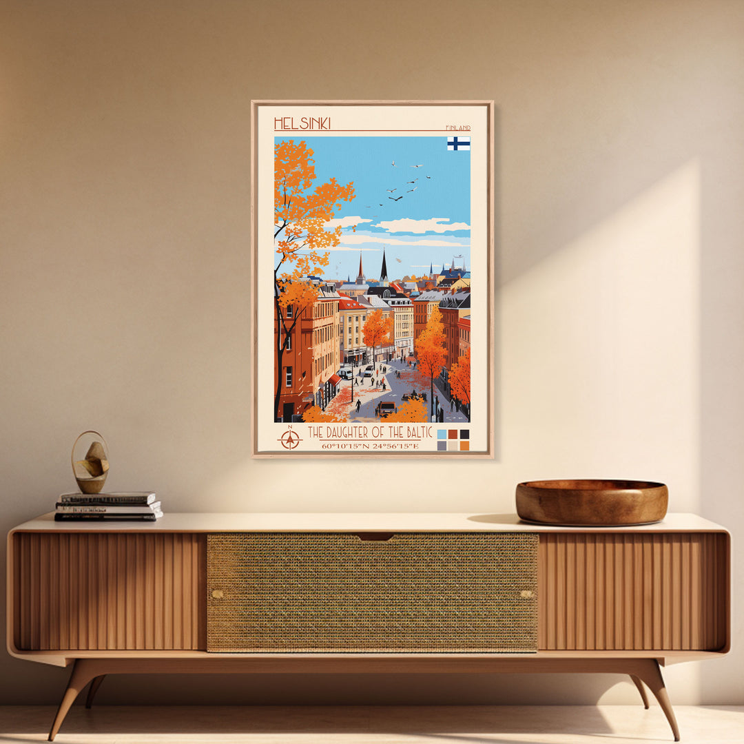 Helsinki Finland Travel Poster Framed Canvas Print, Midcentury Modern Art, Pop Art Wall Decor, Scenic Bedroom Art, Office Decoration