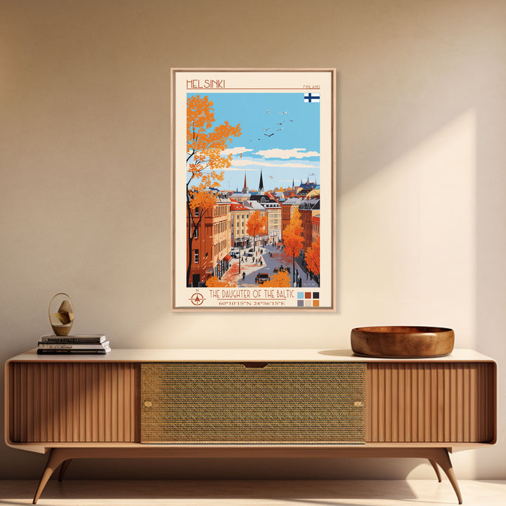 Helsinki Finland Travel Poster Framed Canvas Print, Midcentury Modern Art, Pop Art Wall Decor, Scenic Bedroom Art, Office Decoration