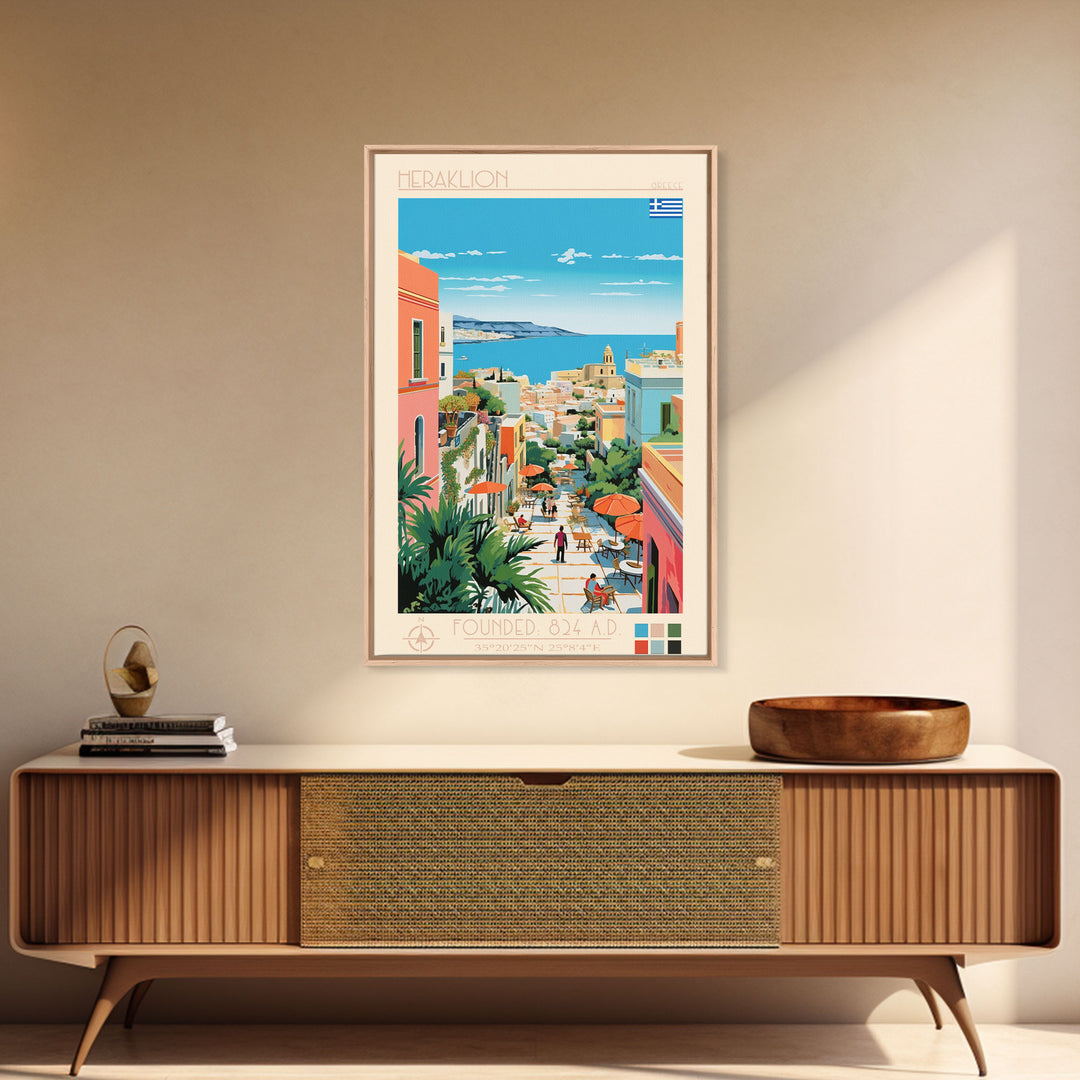 Heraklion Greece Travel Poster Framed Canvas Print, Midcentury Modern Art, Pop Art Wall Decor, Scenic Living Room Art, Bedroom Decor