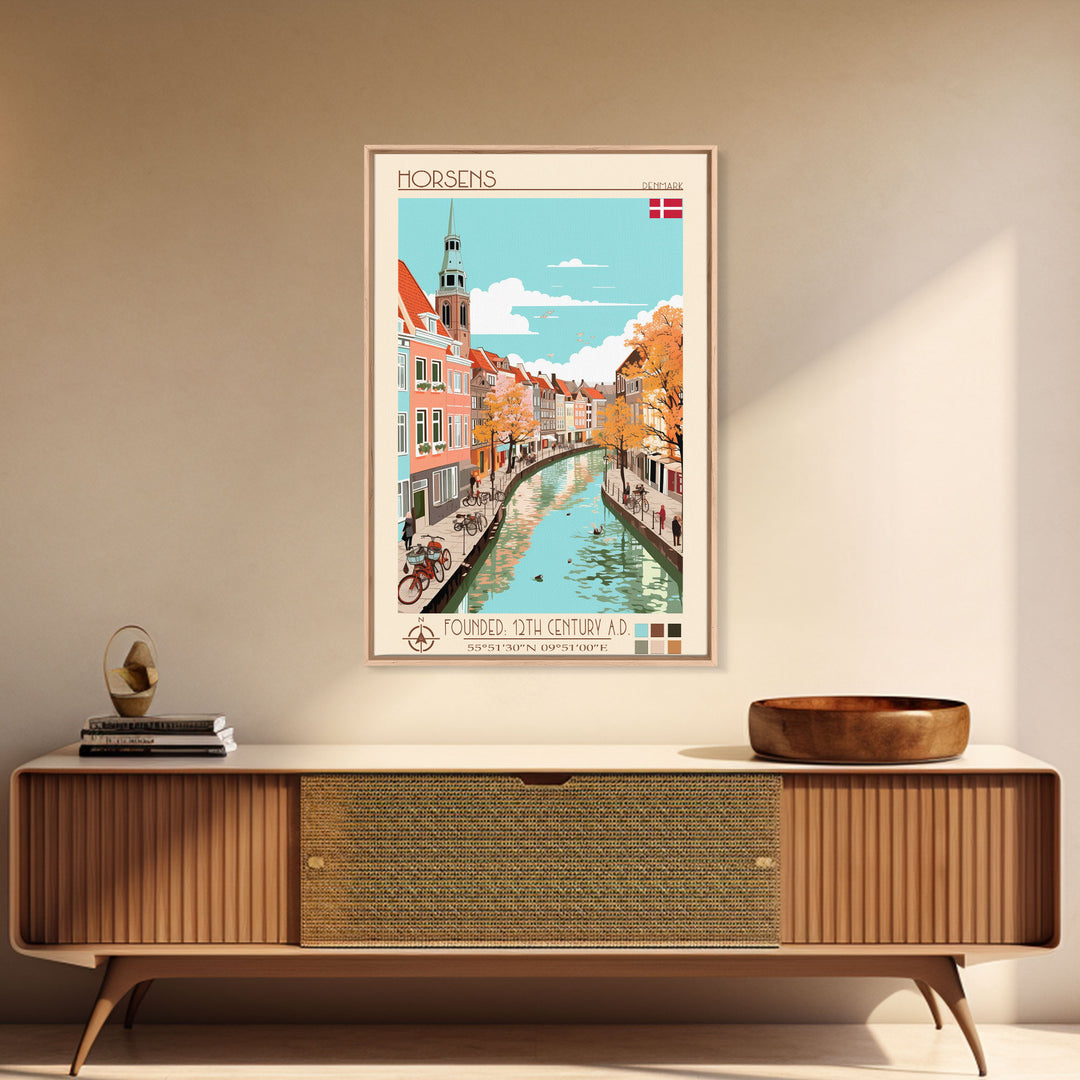 Horsens Denmark Travel Poster Framed Canvas Print, Midcentury Modern Art, Pop Art Wall Decor, Home Decor, Vacation Gift, Office Art