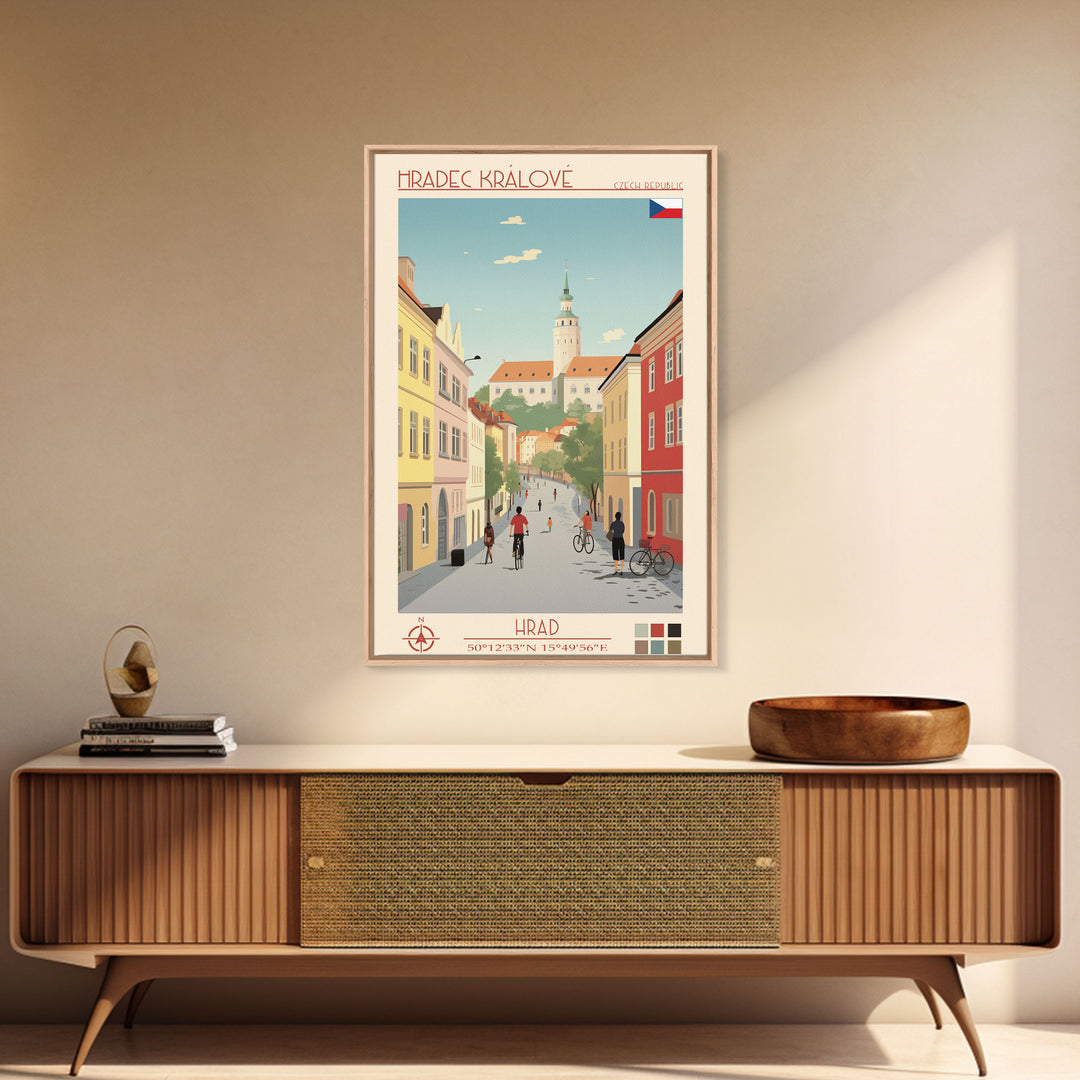 Hradec Králové Czech Republic Travel Poster Framed Canvas Print, Midcentury Modern Art, Pop Art Wall Decor, Scenic Living Room Art, Bedroom Gift