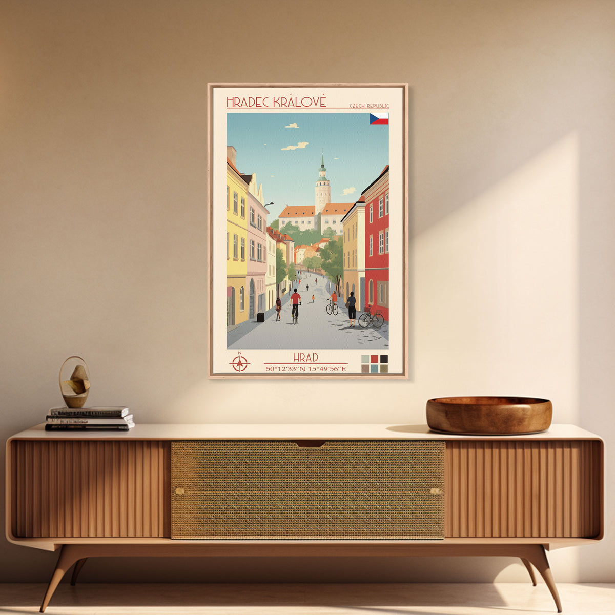 Hradec Králové Czech Republic Travel Poster Framed Canvas Print, Midcentury Modern Art, Pop Art Wall Decor, Scenic Living Room Art, Bedroom Gift