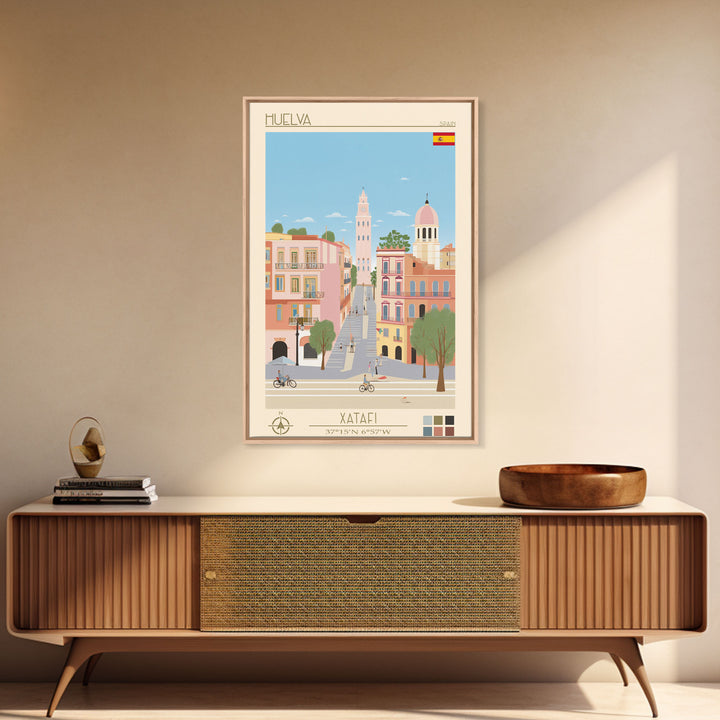 Huelva Spain Travel Poster Framed Canvas Print, Midcentury Modern Art, Pop Art Wall Decor, Scenic Wall Art, Living Room Decoration, Office Art
