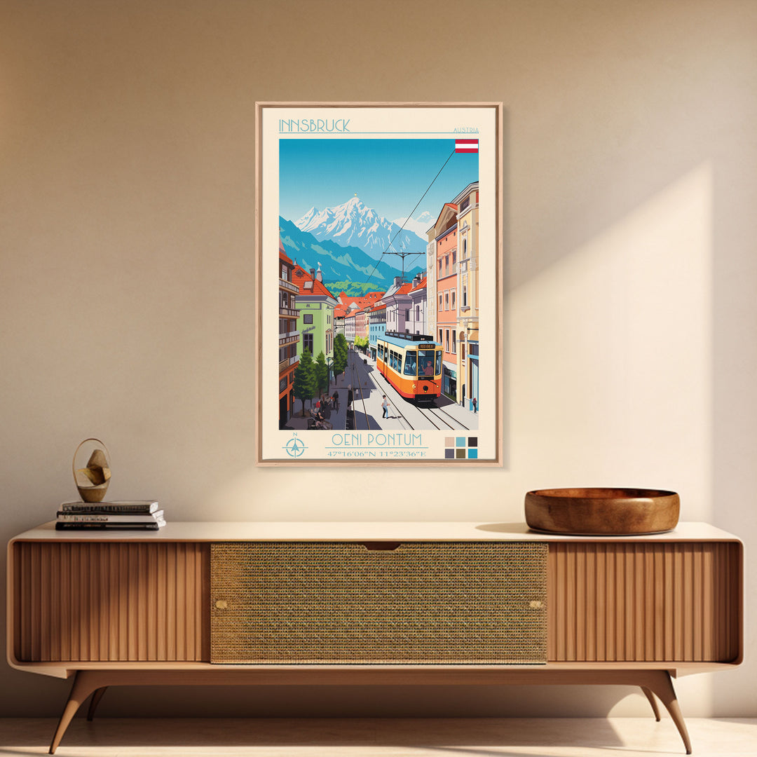 Innsbruck Austria Travel Poster Framed Canvas Print, Midcentury Modern Art, Pop Art Wall Decor, Scenic Wall Art, Living Room Decoration, Office Art