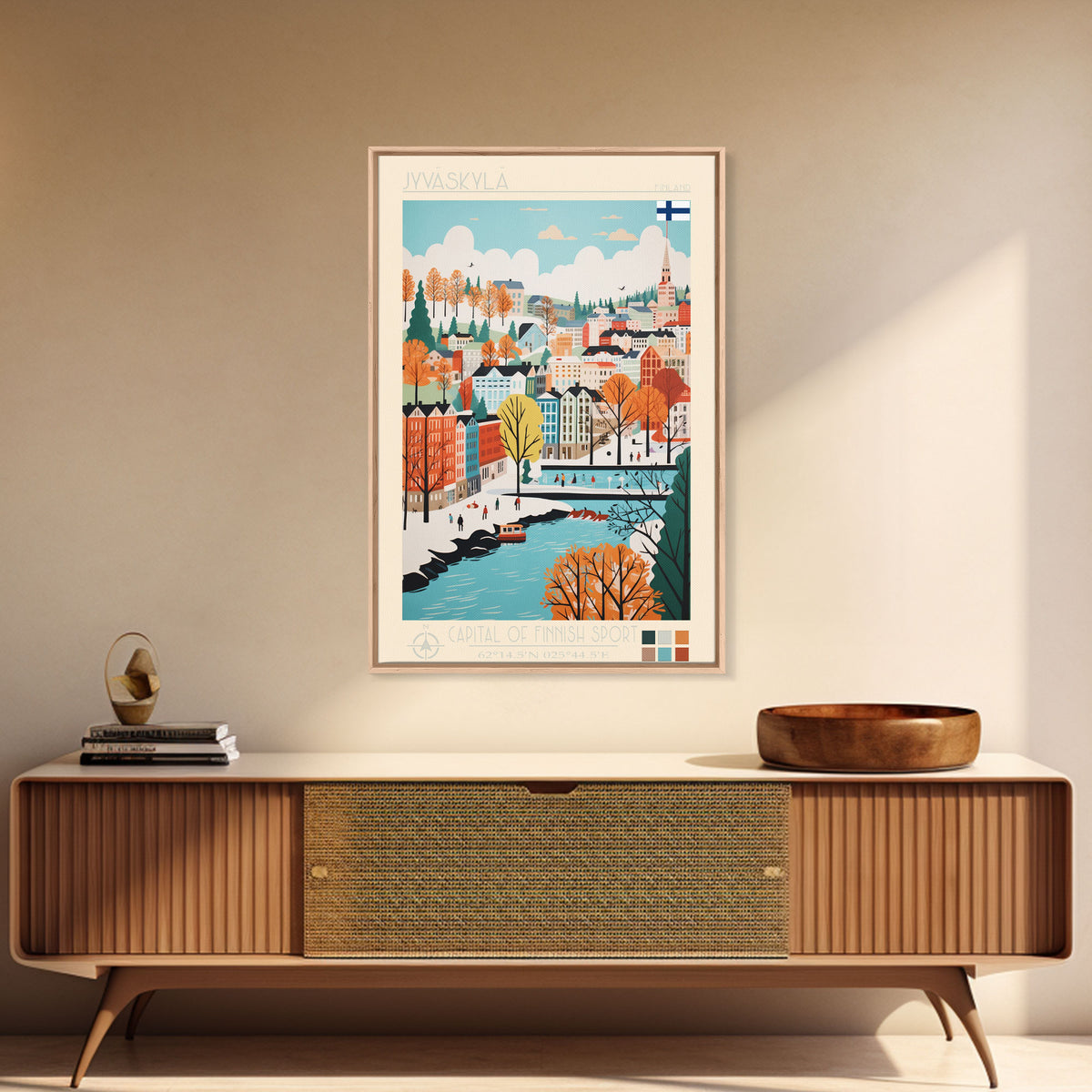 Jyväskylä Finland Travel Poster Framed Canvas Print, Vintage Style, Pop Art Home Decor, Scenic Wall Art, Bedroom Decoration, Office Gift