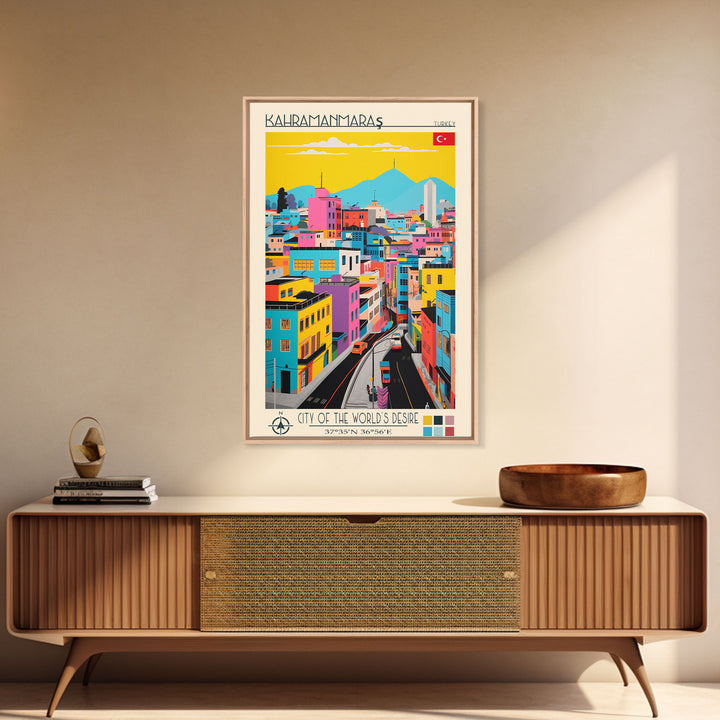 Kahramanmaraş Turkey Travel Poster Framed Canvas Print, Midcentury Modern Art, Pop Art Wall Decor, Scenic Living Room Art, Bedroom Gift