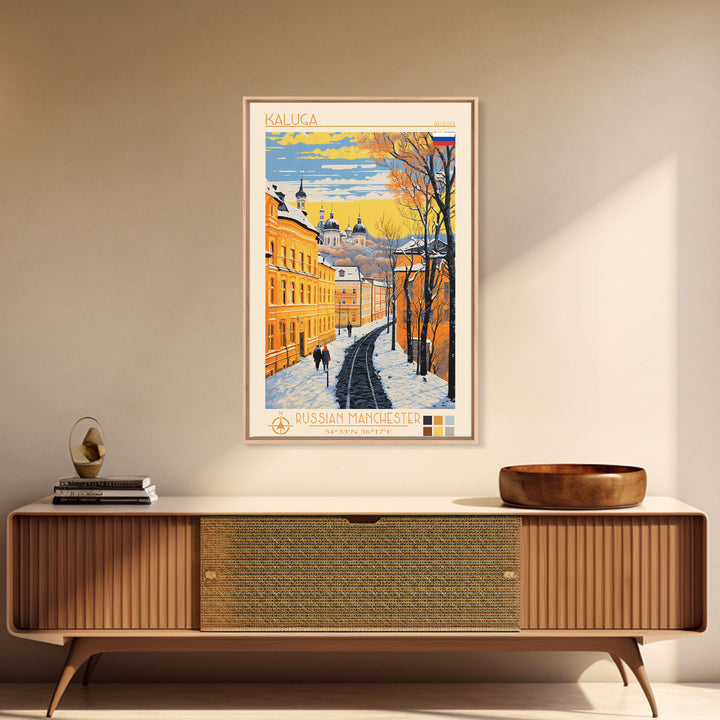 Kaluga Russia Travel Poster Framed Canvas Print, Midcentury Modern Art, Pop Art Wall Decor, Scenic Wall Art, Bedroom Decoration