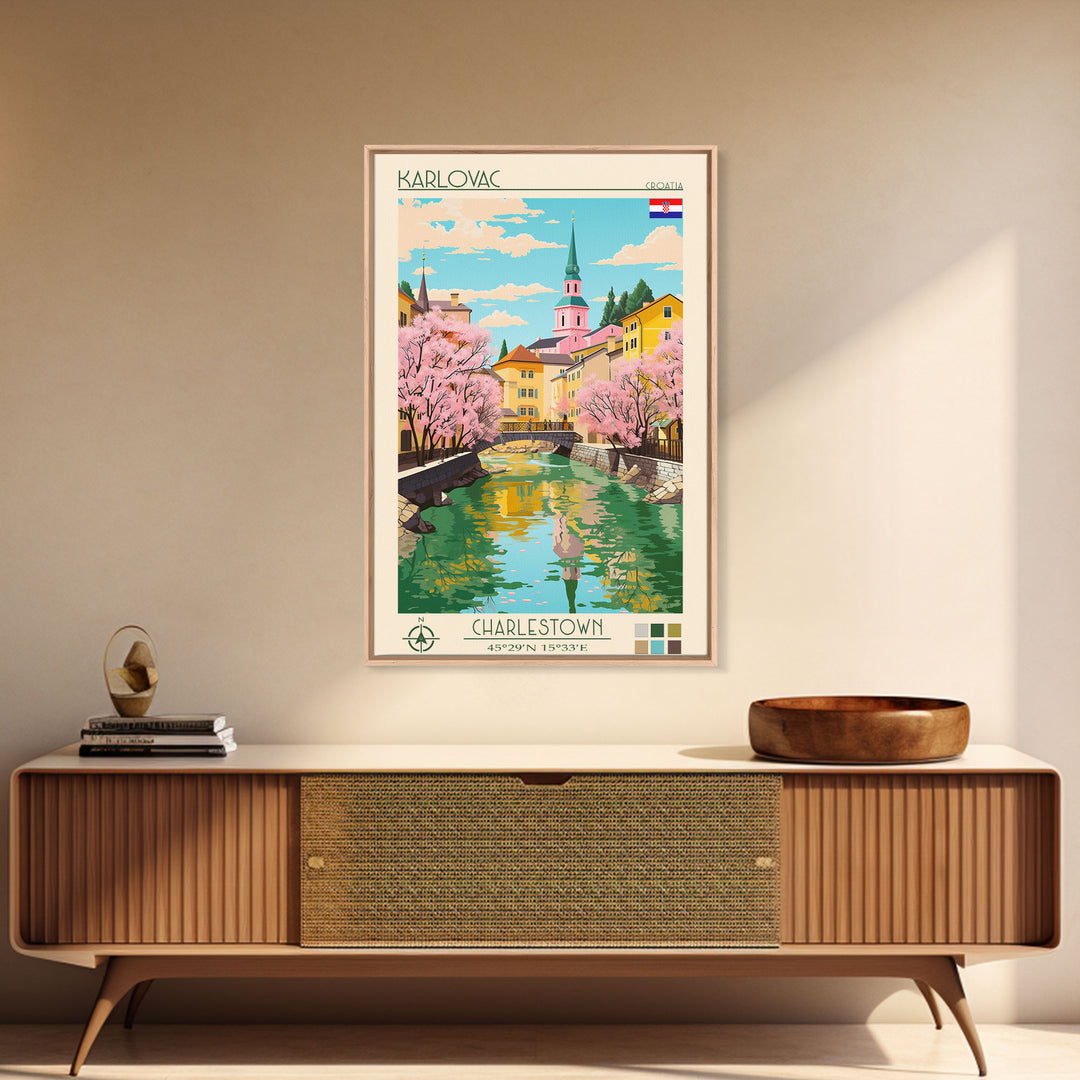 Karlovac Croatia Travel Poster Framed Canvas Print, Midcentury Modern Art, Pop Art Wall Decor, Scenic Living Room Art, Bedroom Decor