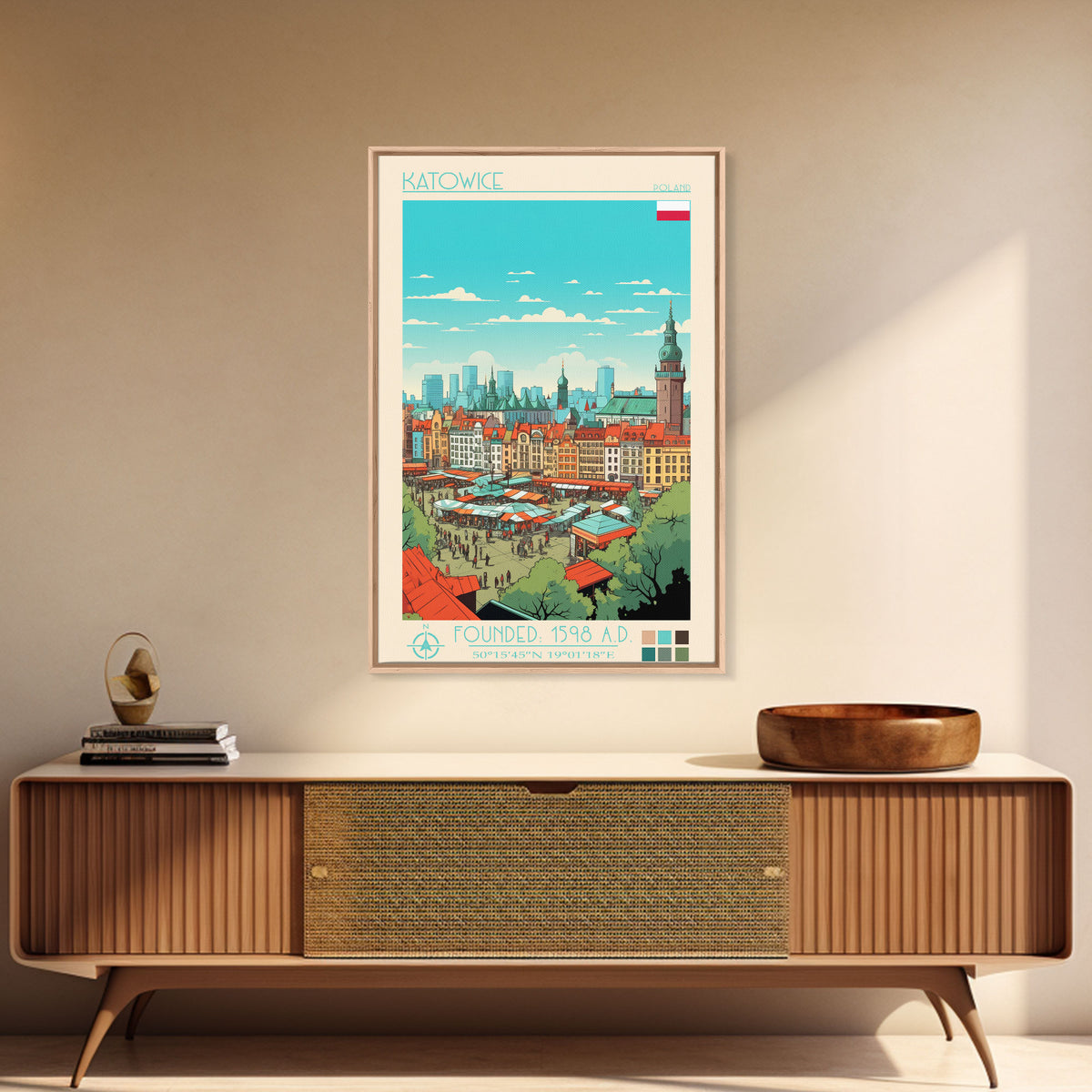 Katowice Poland Travel Poster Framed Canvas Print, Midcentury Modern Art, Pop Art Wall Decor, Home Decor, Vacation Gift, Office Art