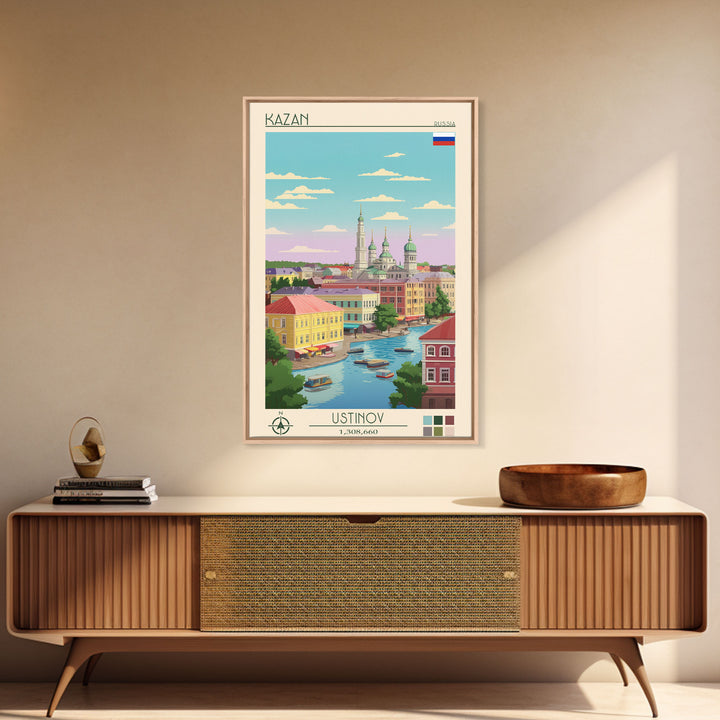 Kazan Russia Travel Poster Framed Canvas Print, Midcentury Modern Art, Pop Art Wall Decor, Scenic Bedroom Art, Office Decoration