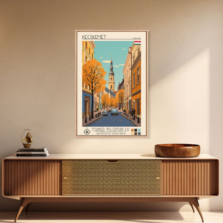 Kecskemét Hungary Travel Poster Framed Canvas Print, Midcentury Modern Art, Pop Art Wall Decor, Scenic Living Room Art, Bedroom Decor
