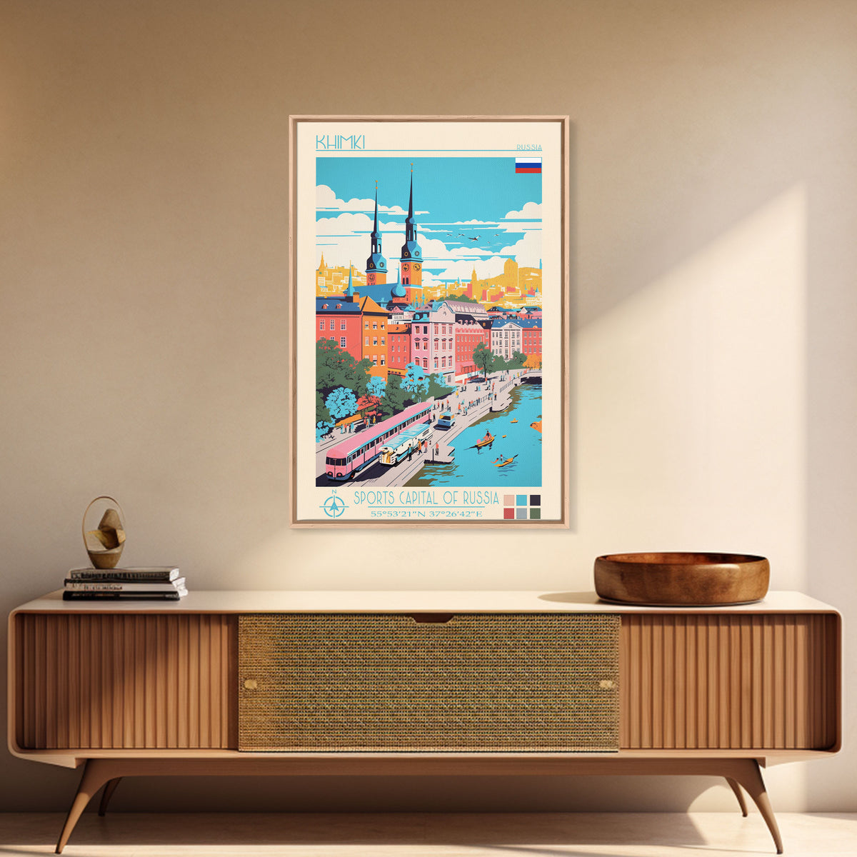 Khimki Russia Travel Poster Framed Canvas Print, Midcentury Modern Art, Pop Art Wall Decor, Home Decor, Vacation Gift, Bedroom Art