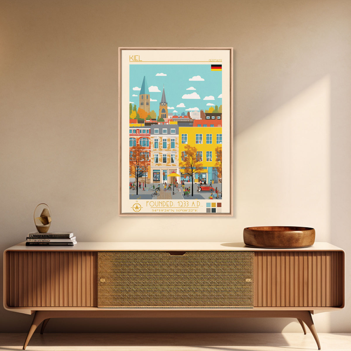 Kiel Germany Travel Poster Framed Canvas Print, Midcentury Modern Art, Pop Art Wall Decor, Scenic Wall Art, Living Room Decoration, Office Art