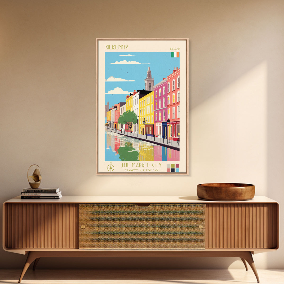 Kilkenny Ireland Travel Poster Framed Canvas Print, Midcentury Modern Art, Pop Art Wall Decor, Scenic Bedroom Art, Office Decoration