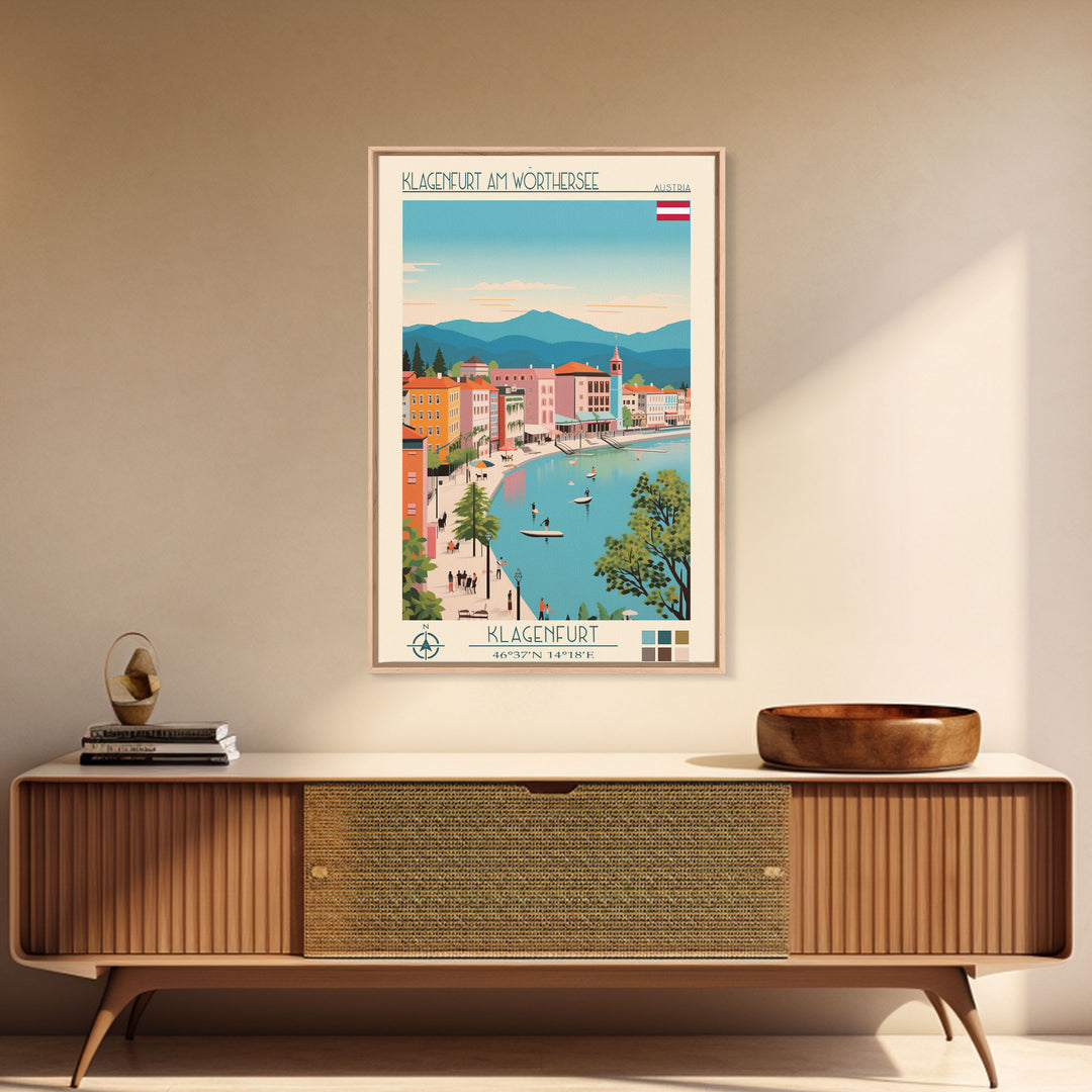 Klagenfurt am Wörthersee Austria Travel Poster Framed Canvas Print, Vintage Style, Pop Art Home Decor, Scenic Wall Art, Bedroom Decoration, Office Gift