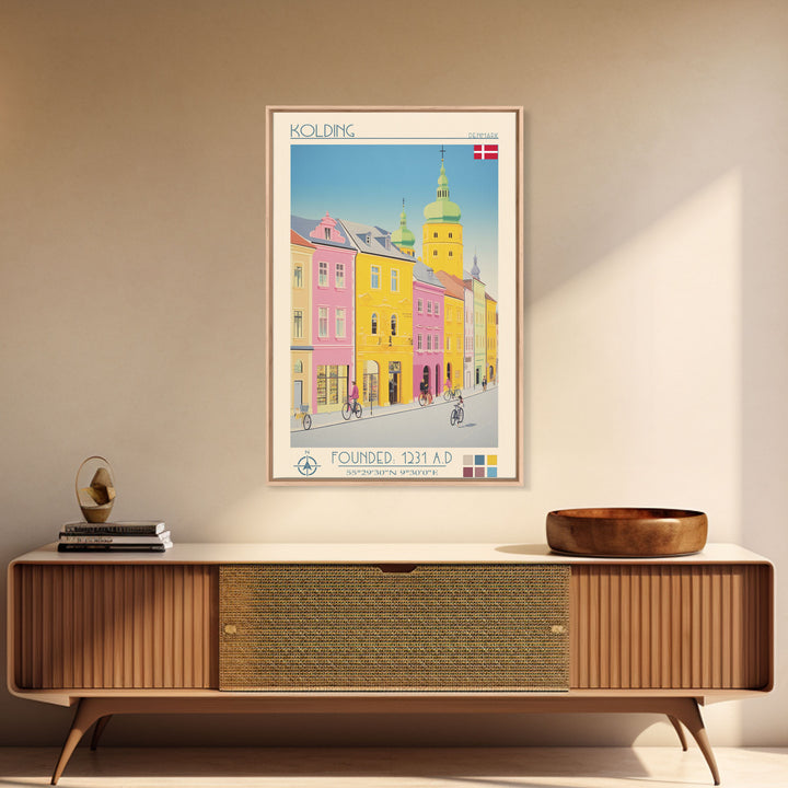 Kolding Denmark Travel Poster Framed Canvas Print, Midcentury Modern Art, Pop Art Wall Decor, Scenic Living Room Art, Bedroom Gift