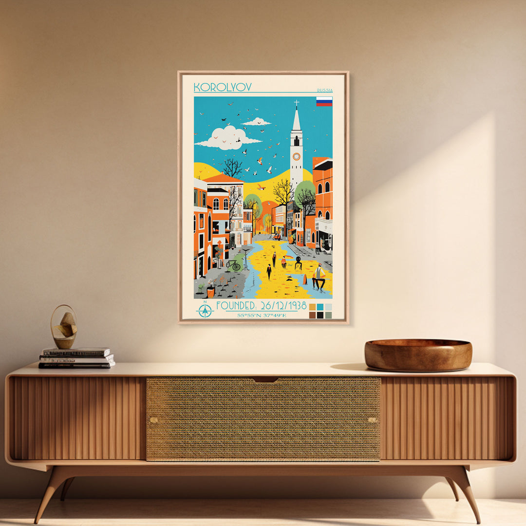 Korolyov Russia Travel Poster Framed Canvas Print, Midcentury Modern Art, Pop Art Wall Decor, Scenic Bedroom Art, Office Decoration