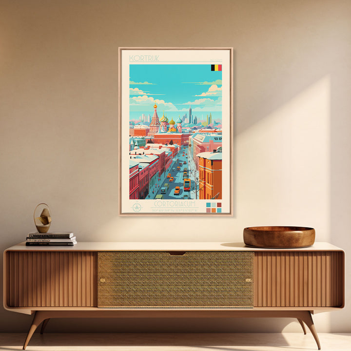 Kortrijk Belgium Travel Poster Framed Canvas Print, Midcentury Modern Art, Pop Art Wall Decor, Scenic Living Room Art, Bedroom Decor