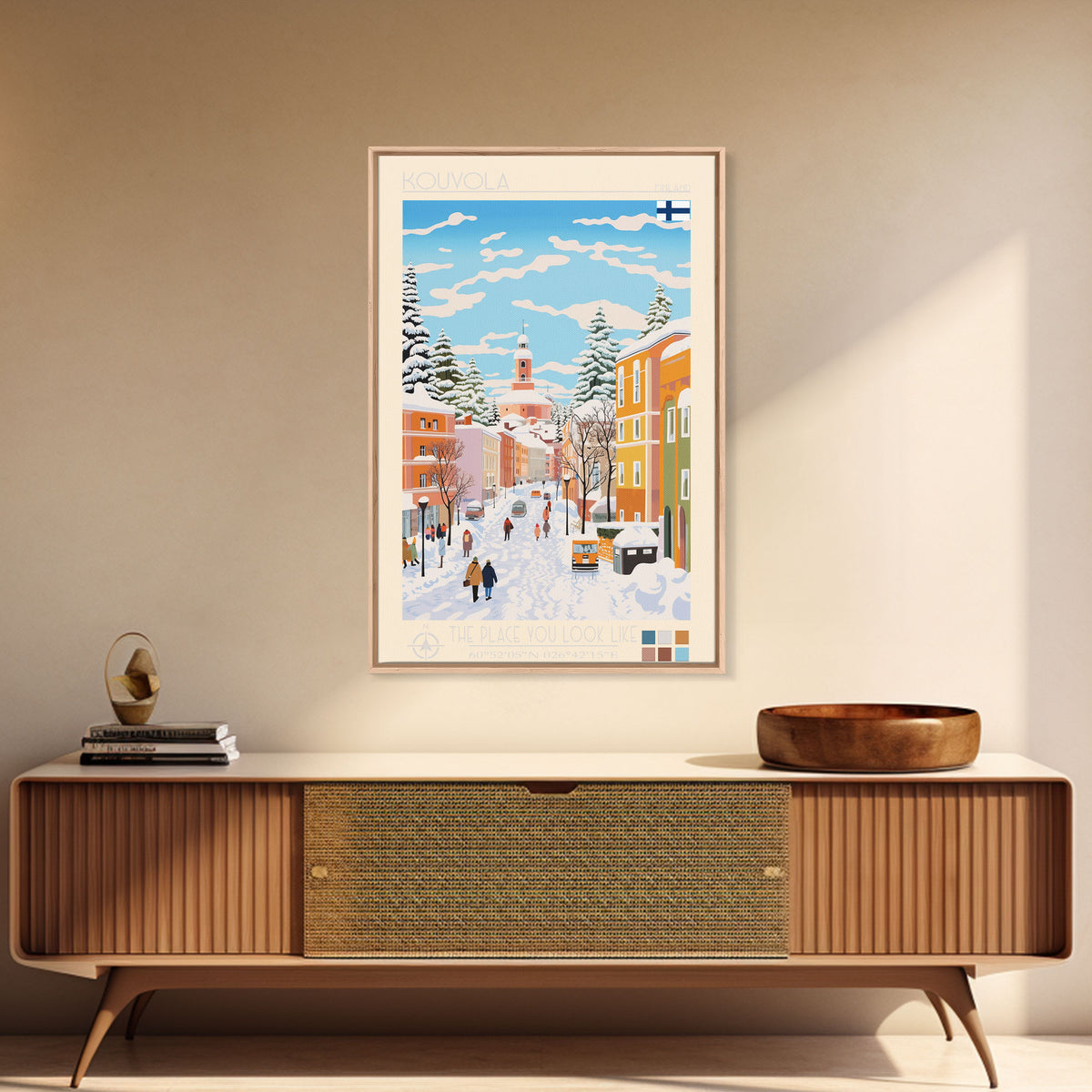 Kouvola Finland Travel Poster Framed Canvas Print, Midcentury Modern Art, Pop Art Wall Decor, Home Decor, Vacation Gift, Office Art
