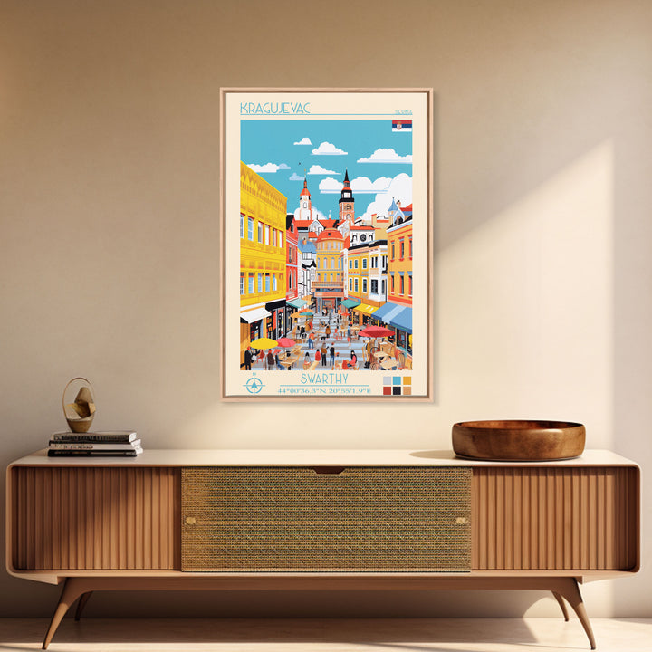 Kragujevac Serbia Travel Poster Framed Canvas Print, Midcentury Modern Art, Pop Art Wall Decor, Scenic Wall Art, Living Room Decoration, Office Art