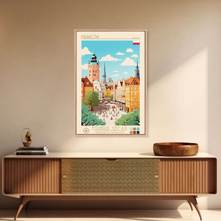 Kraków Poland Travel Poster Framed Canvas Print, Midcentury Modern Art, Pop Art Wall Decor, Home Decor, Vacation Gift, Bedroom Art