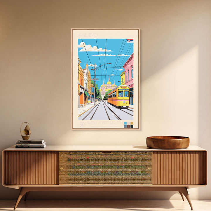 Kraljevo Serbia Travel Poster Framed Canvas Print, Midcentury Modern Art, Pop Art Wall Decor, Scenic Wall Art, Living Room Decoration, Office Gift