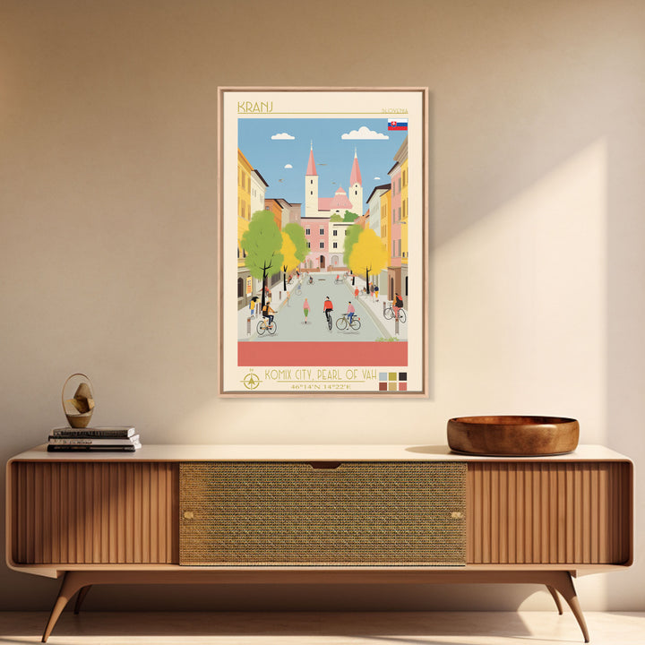 Kranj Slovenia Travel Poster Framed Canvas Print, Midcentury Modern Art, Pop Art Wall Decor, Scenic Wall Art, Bedroom Decoration