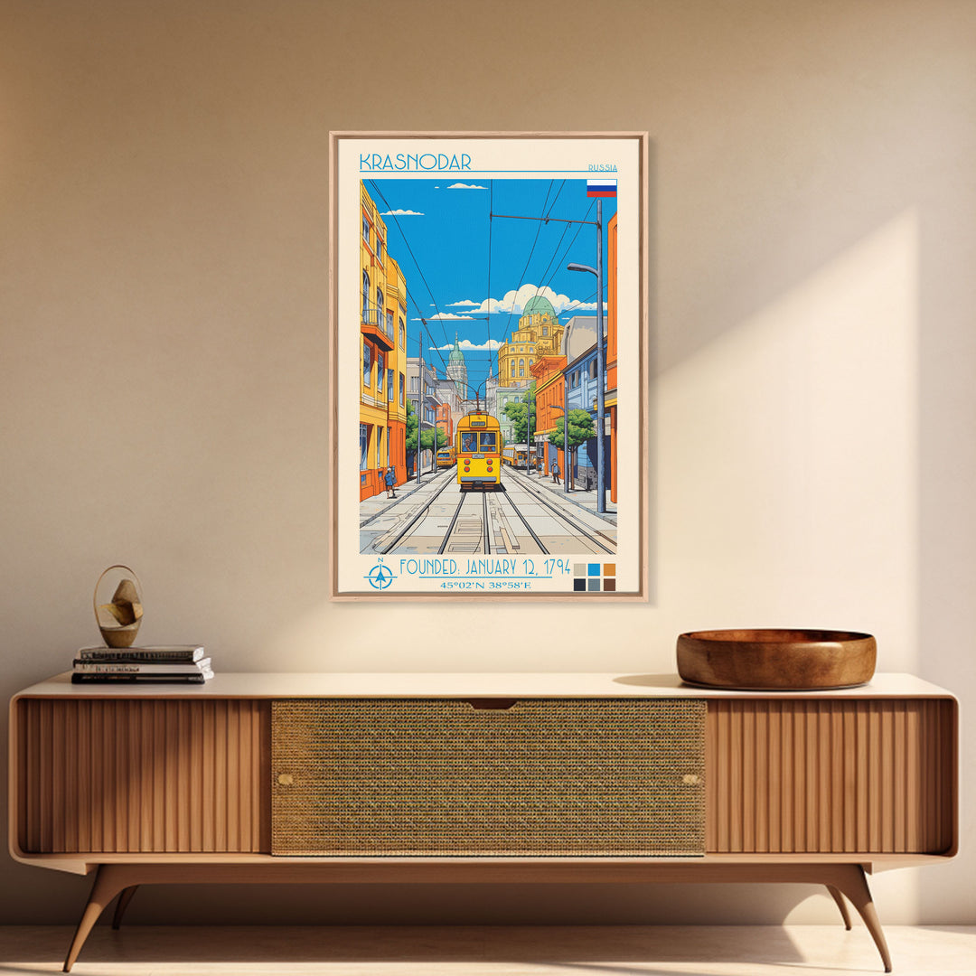 Krasnodar Russia Travel Poster Framed Canvas Print, Midcentury Modern Art, Pop Art Wall Decor, Scenic Wall Art, Living Room Decoration, Office Art