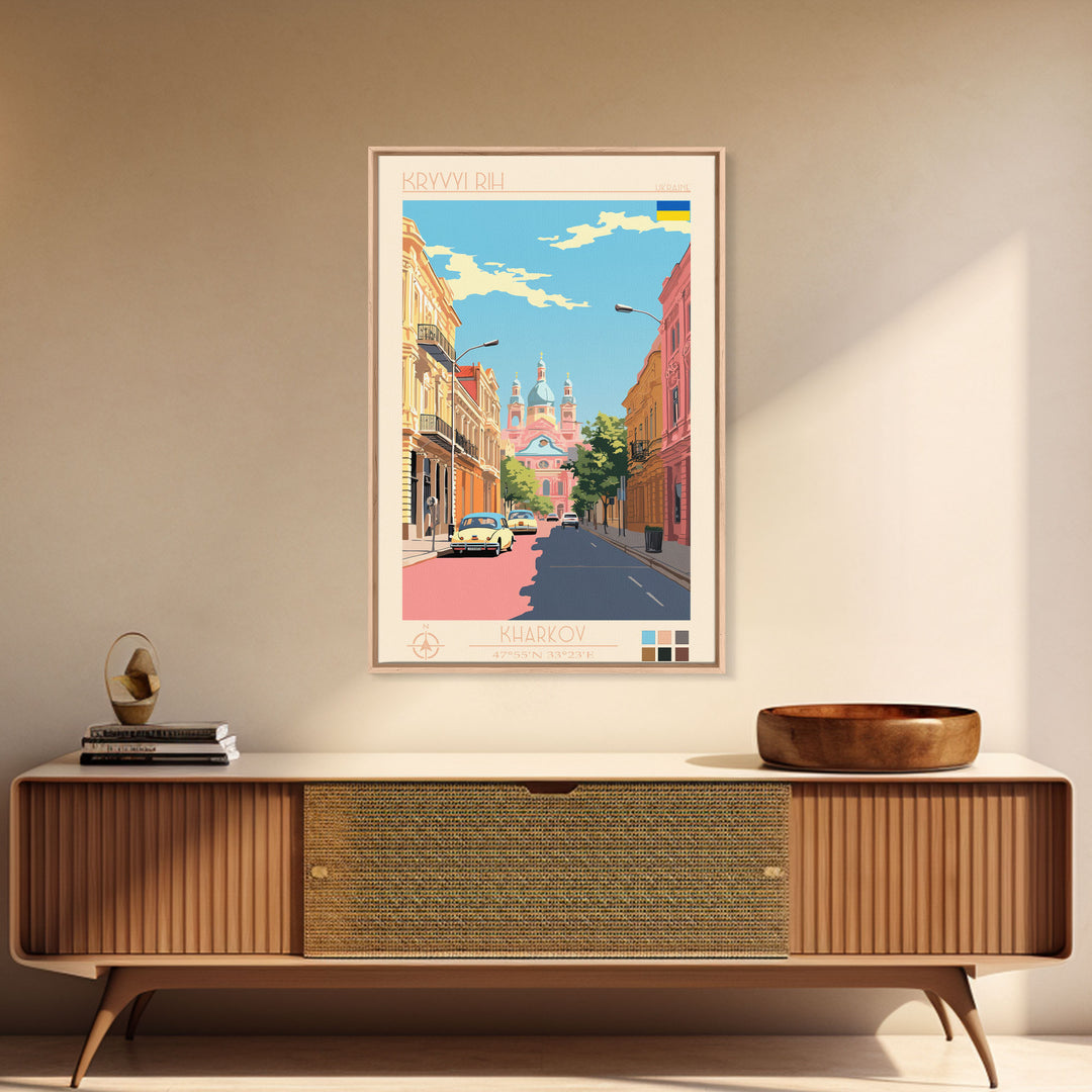 Kryvyi Rih Ukraine Travel Poster Framed Canvas Print, Midcentury Modern Art, Pop Art Wall Decor, Scenic Wall Art, Living Room Decoration, Office Art