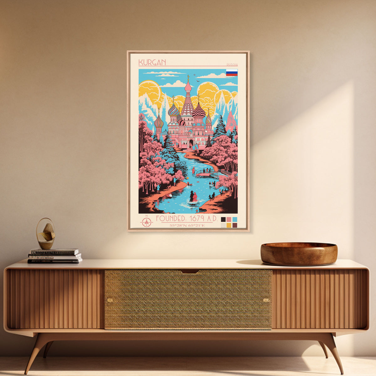 Kurgan Russia Travel Poster Framed Canvas Print, Midcentury Modern Art, Pop Art Wall Decor, Scenic Wall Art, Living Room Decoration, Office Gift