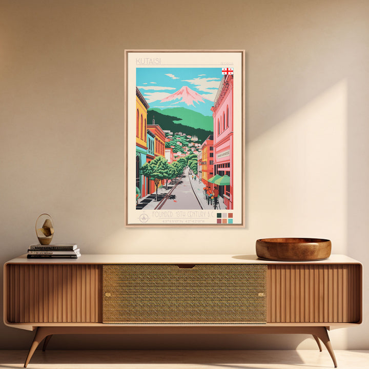 Kutaisi Georgia Travel Poster Framed Canvas Print, Midcentury Modern Art, Pop Art Wall Decor, Scenic Living Room Art, Bedroom Decor