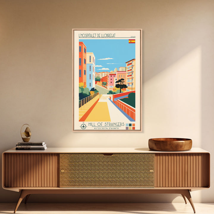 L'Hospitalet de Llobregat Spain Travel Poster Framed Canvas Print, Midcentury Modern Art, Pop Art Wall Decor, Home Decor, Vacation Gift, Office Art