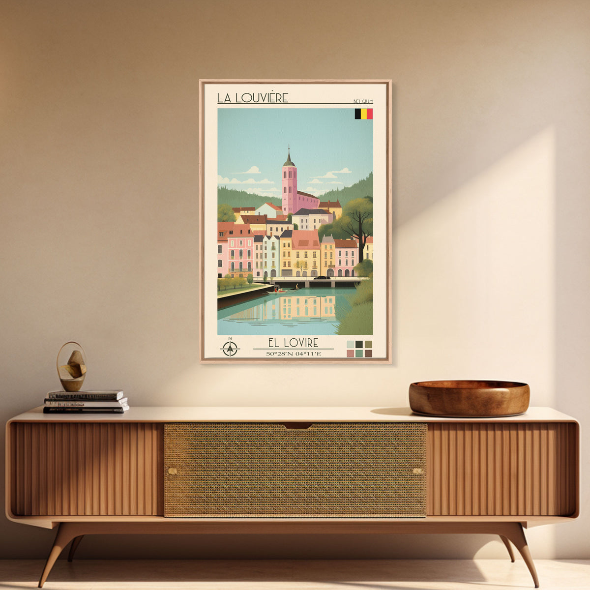 La Louvière Belgium Travel Poster Framed Canvas Print, Midcentury Modern Art, Pop Art Wall Decor, Scenic Living Room Art, Bedroom Gift