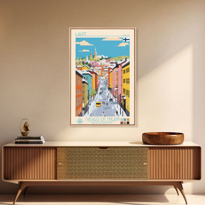 Lahti Finland Travel Poster Framed Canvas Print, Midcentury Modern Art, Pop Art Wall Decor, Scenic Wall Art, Living Room Decoration, Office Art