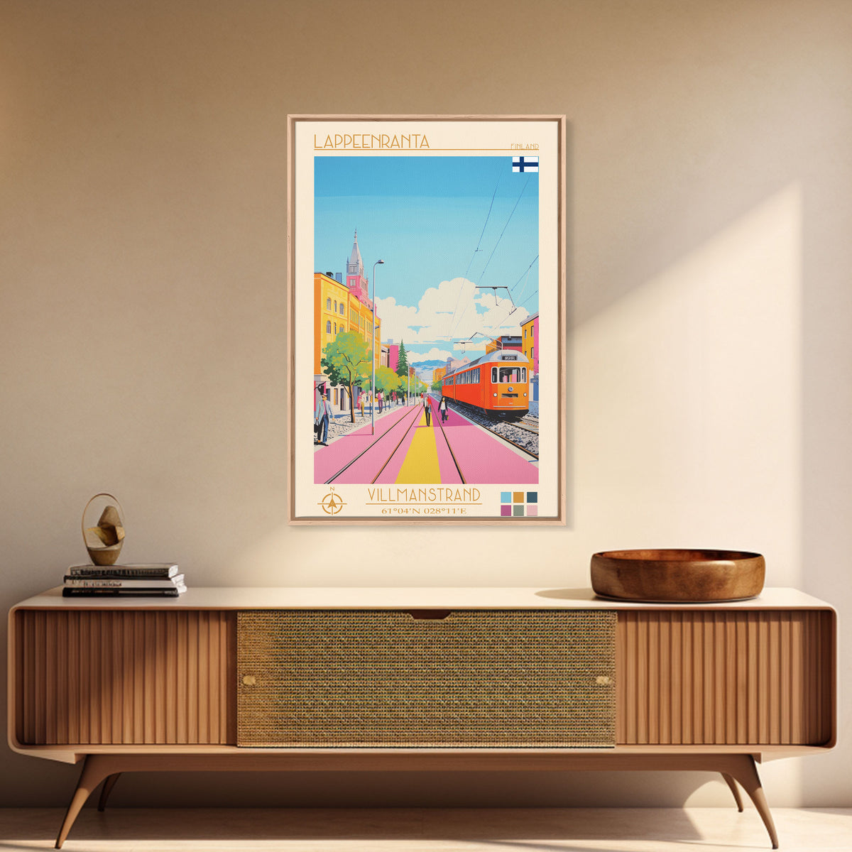 Lappeenranta Finland Travel Poster Framed Canvas Print, Midcentury Modern Art, Pop Art Wall Decor, Home Decor, Vacation Gift, Bedroom Art
