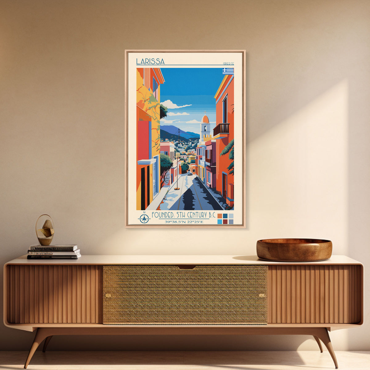 Larissa Greece Travel Poster Framed Canvas Print, Midcentury Modern Art, Pop Art Wall Decor, Scenic Wall Art, Living Room Decoration, Office Gift