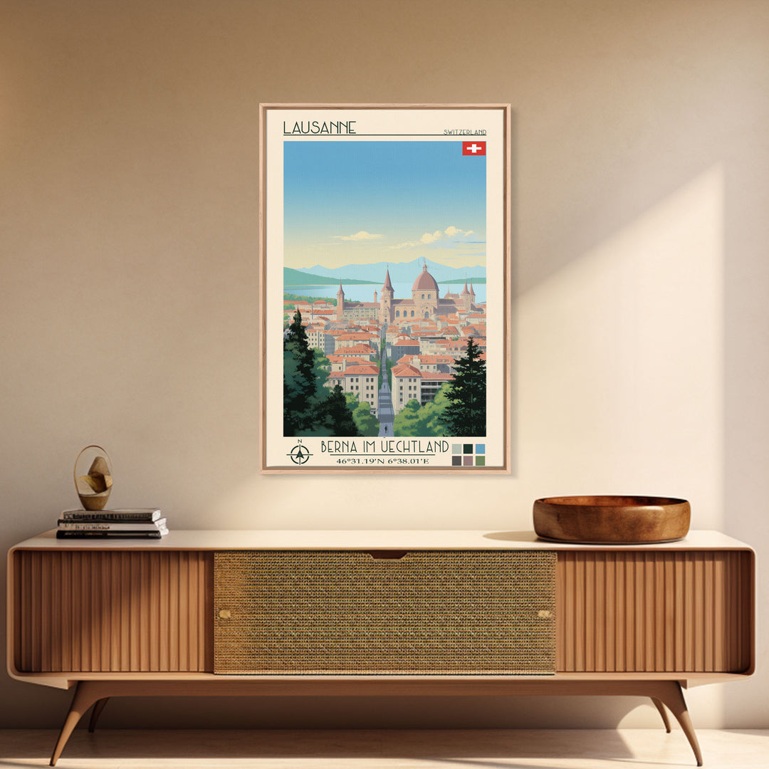Lausanne Switzerland Travel Poster Framed Canvas Print, Midcentury Modern Art, Pop Art Wall Decor, Scenic Wall Art, Living Room Decoration, Office Art