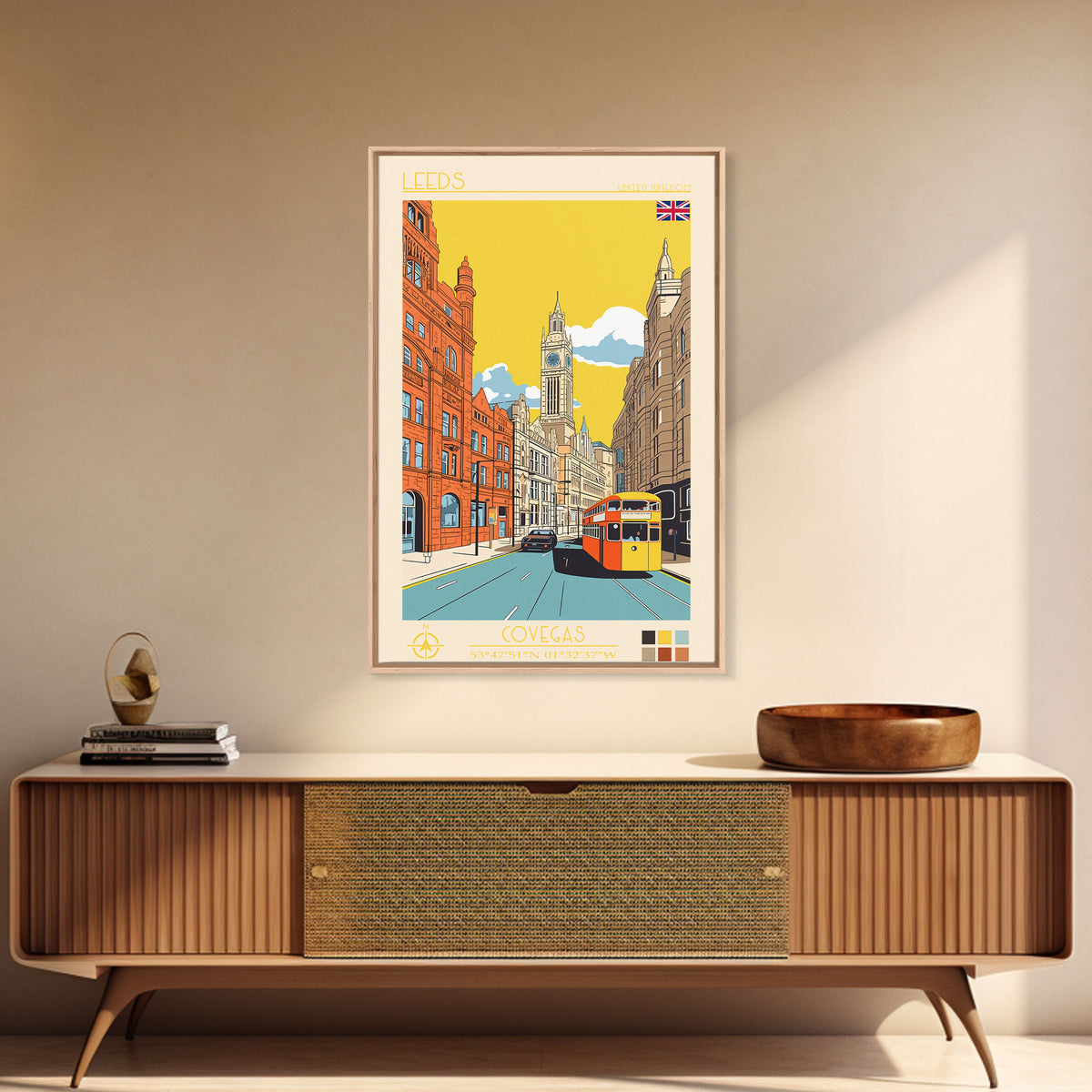 Leeds United Kingdom Travel Poster Framed Canvas Print, Midcentury Modern Art, Pop Art Wall Decor, Scenic Living Room Art, Bedroom Decor