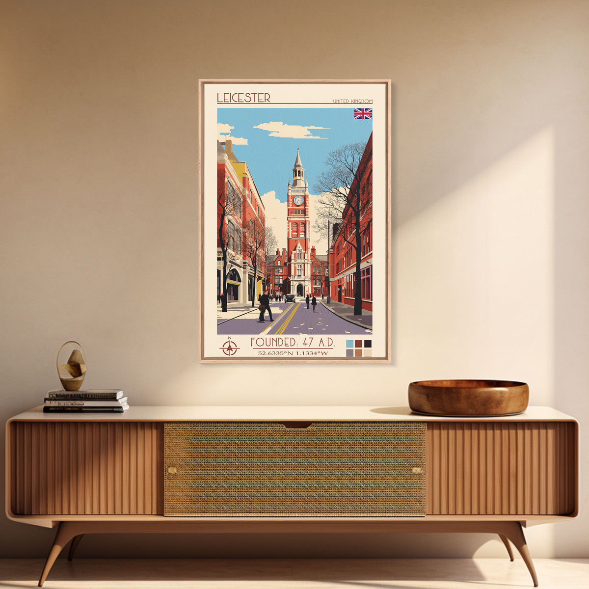 Leicester United Kingdom Travel Poster Framed Canvas Print, Midcentury Modern Art, Pop Art Wall Decor, Home Decor, Vacation Gift, Office Art