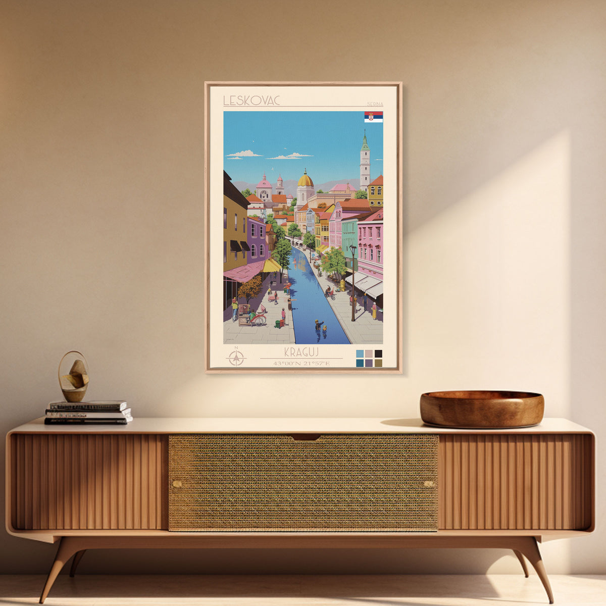 Leskovac Serbia Travel Poster Framed Canvas Print, Midcentury Modern Art, Pop Art Wall Decor, Scenic Wall Art, Living Room Decoration, Office Art