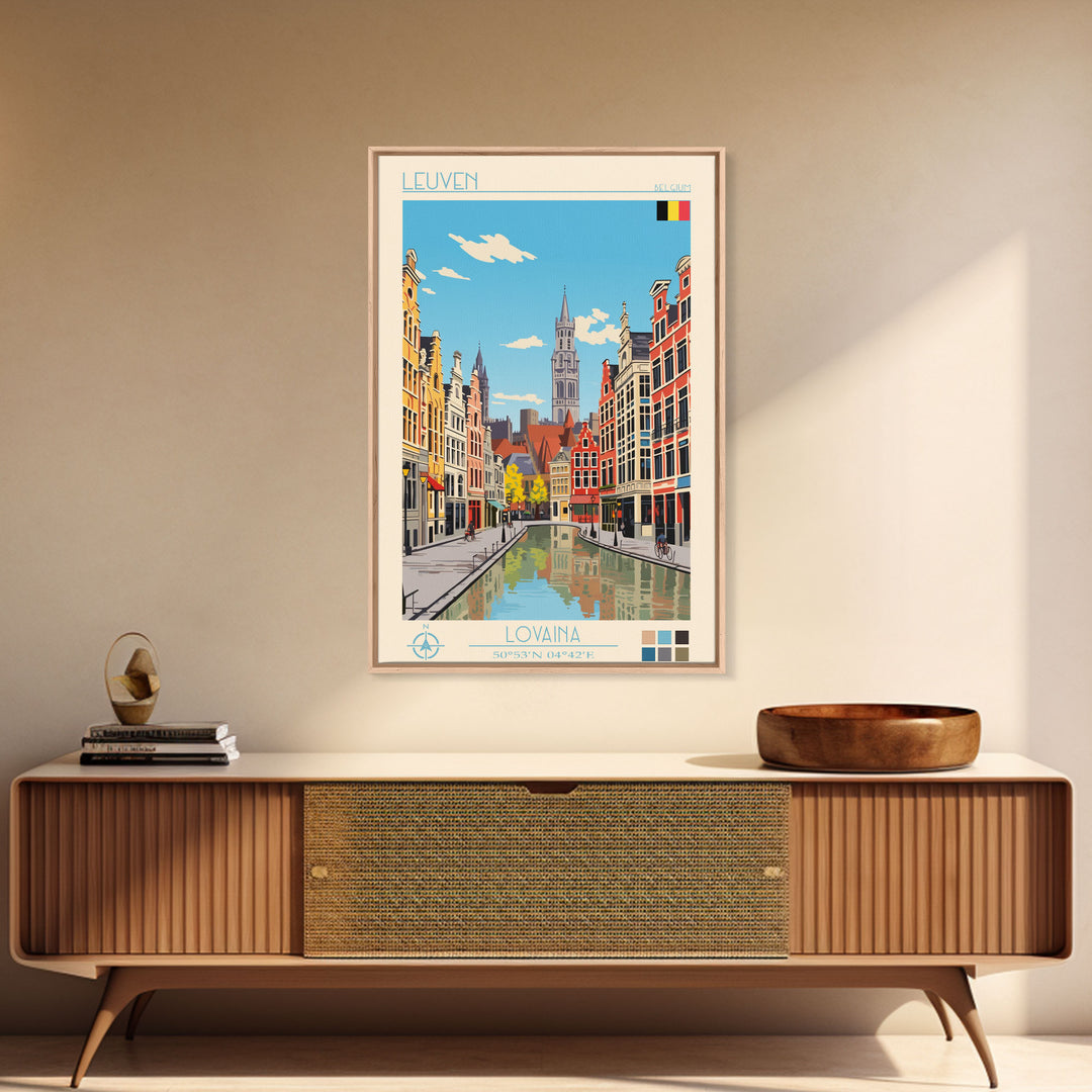 Leuven Belgium Travel Poster Framed Canvas Print, Midcentury Modern Art, Pop Art Wall Decor, Home Decor, Vacation Gift, Bedroom Art