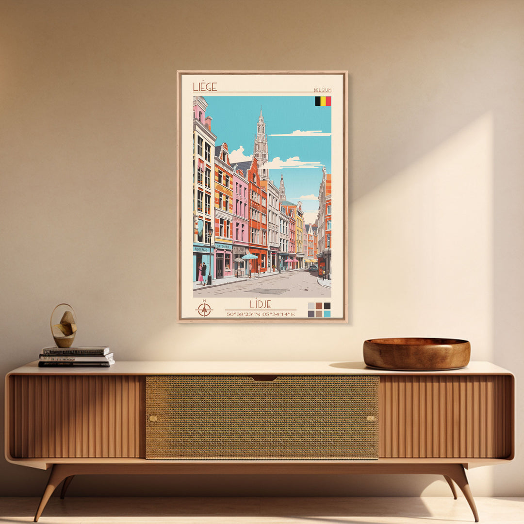 Liège Belgium Travel Poster Framed Canvas Print, Midcentury Modern Art, Pop Art Wall Decor, Scenic Art, Home and Office Decoration