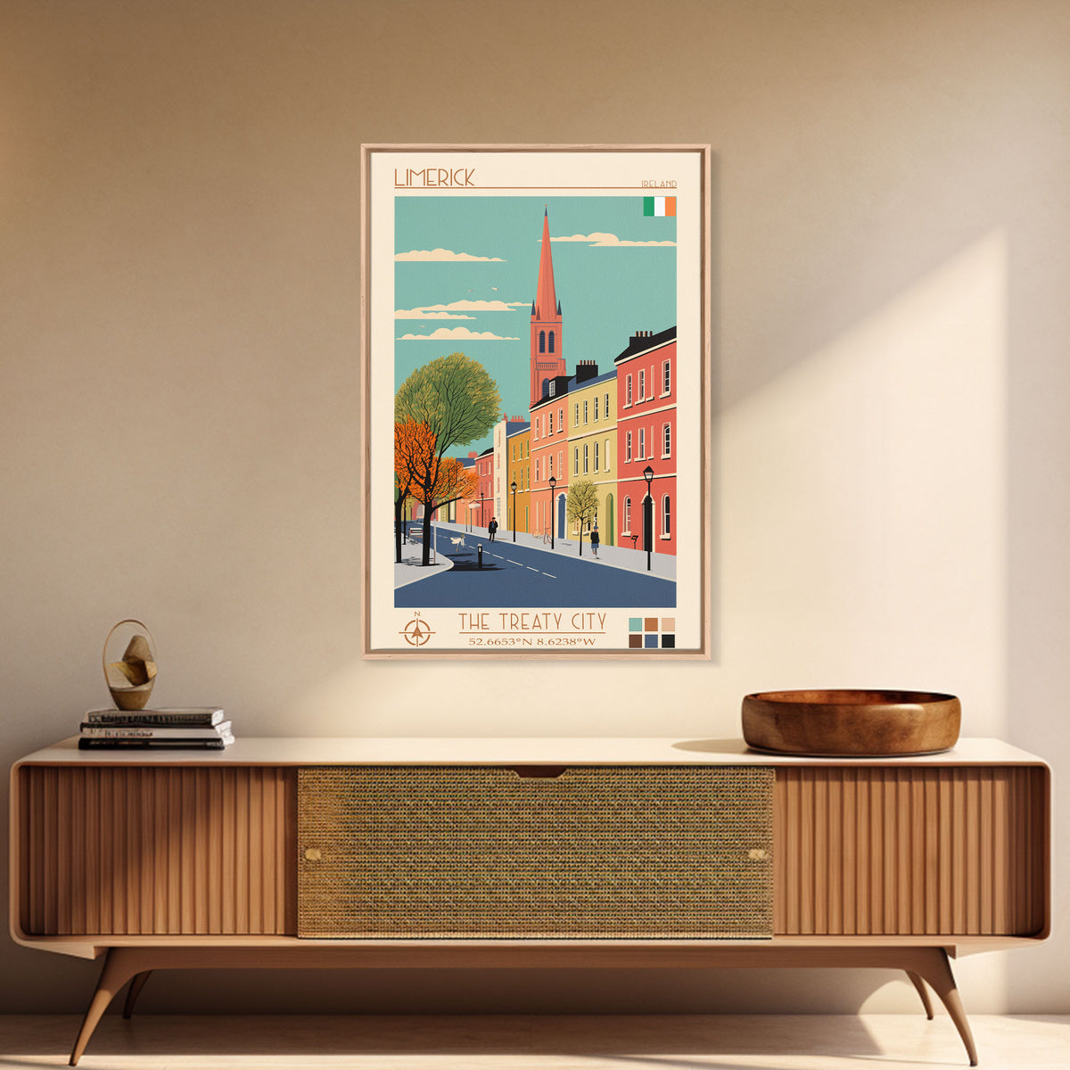 Limerick Ireland Travel Poster Framed Canvas Print, Wall Decor, Midcentury Modern Art, Pop Art, Scenic Art for Bedroom and Office
