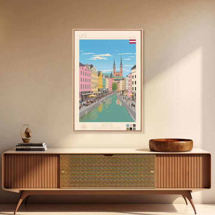 Linz Austria Travel Poster Framed Canvas Print, Wall Decor, Midcentury Modern Art, Pop Art, Scenic Art for Bedroom and Living Room