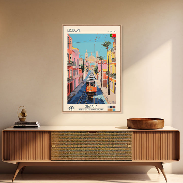 Lisbon Portugal Travel Poster Framed Canvas Print, Midcentury Modern Art, Pop Art Wall Decor, Scenic Art, Living Room and Office Gift