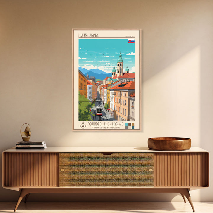 Ljubljana Slovenia Travel Poster Framed Canvas Print, Wall Decor, Midcentury Modern Art, Pop Art, Scenic Art for Bedroom and Living Room