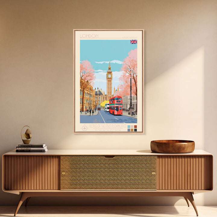 London United Kingdom Travel Poster Framed Canvas Print, Wall Decor, Midcentury Modern Art, Pop Art, Scenic Art for Office and Home