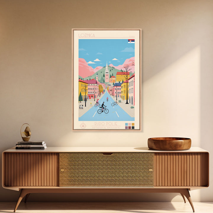 Loznica Serbia Travel Poster Framed Canvas Print, Midcentury Modern Art, Pop Art Wall Decor, Scenic Art, Home and Office Decoration